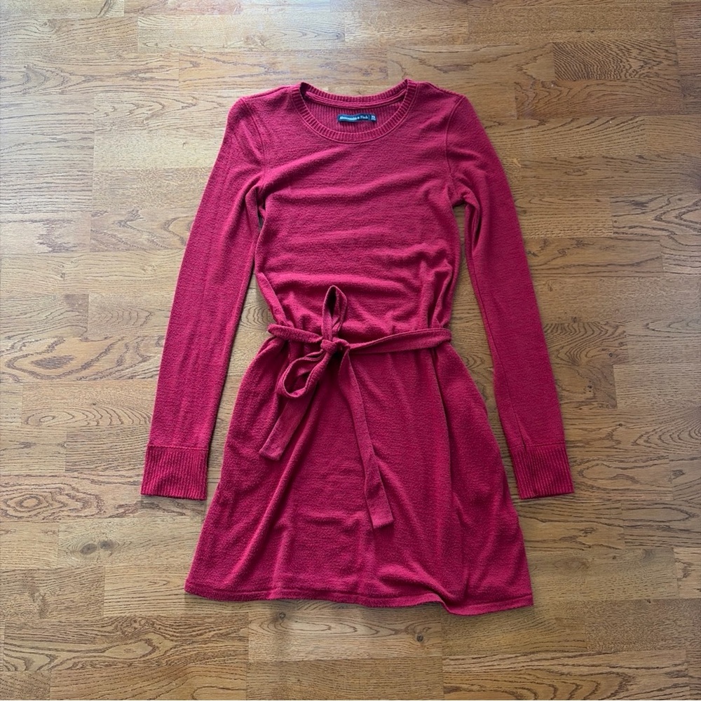 Abercrombie Long Sleeve Knit Mini Dress Sweater Belted Red Ribbed Cozy Crewneck